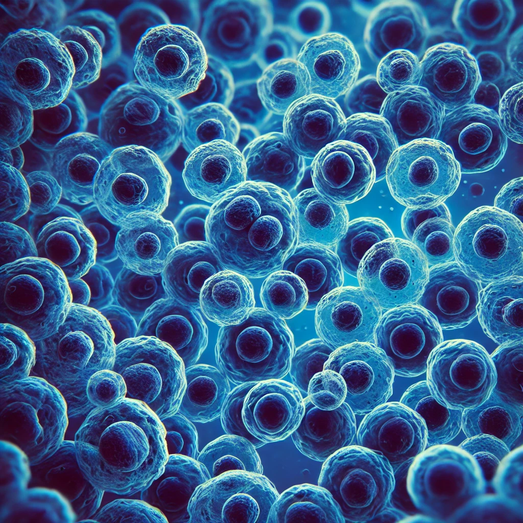 DALL·E 2024-09-06 09.52.30 - An image of CHO cells (Chinese Hamster Ovary cells) viewed under a microscope, depicted in deeper shades of blue. The cells should appear rounded with