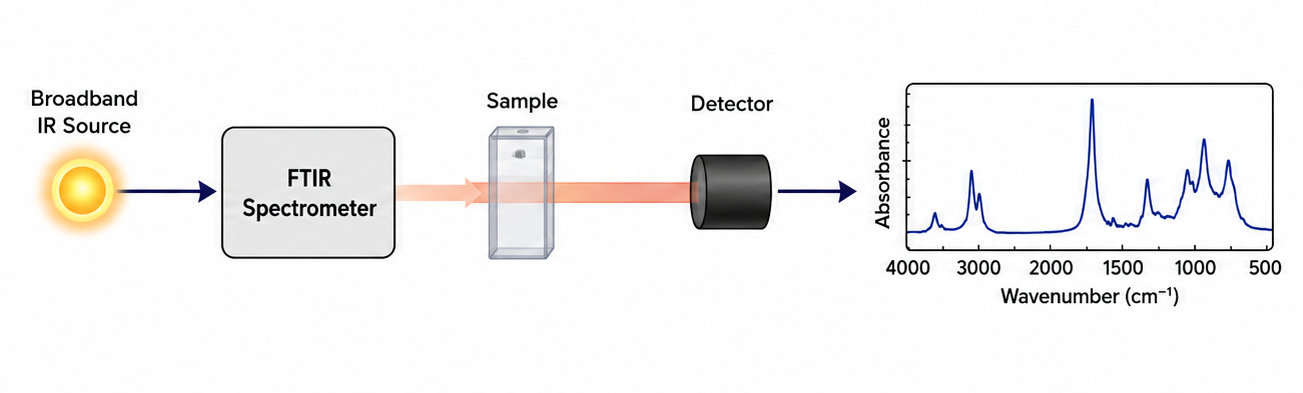 FTIR spectrometer optical design: broadband IR source, interferometer, sample, detector, and resulting infrared absorption spectrum.